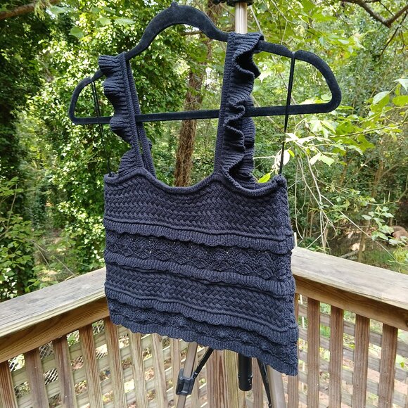 By Together 'Ruffle Tank'  Black Crochet Artsy Textured Semi Stretch Knit Sz S - Picture 1 of 9